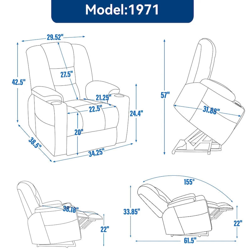 Fauteuil inclinable Power Lift avec massage et chauffage, fauteuil inclinable large surdimensionné avec ports USB, Type C et 2 porte-gobelets en acier
