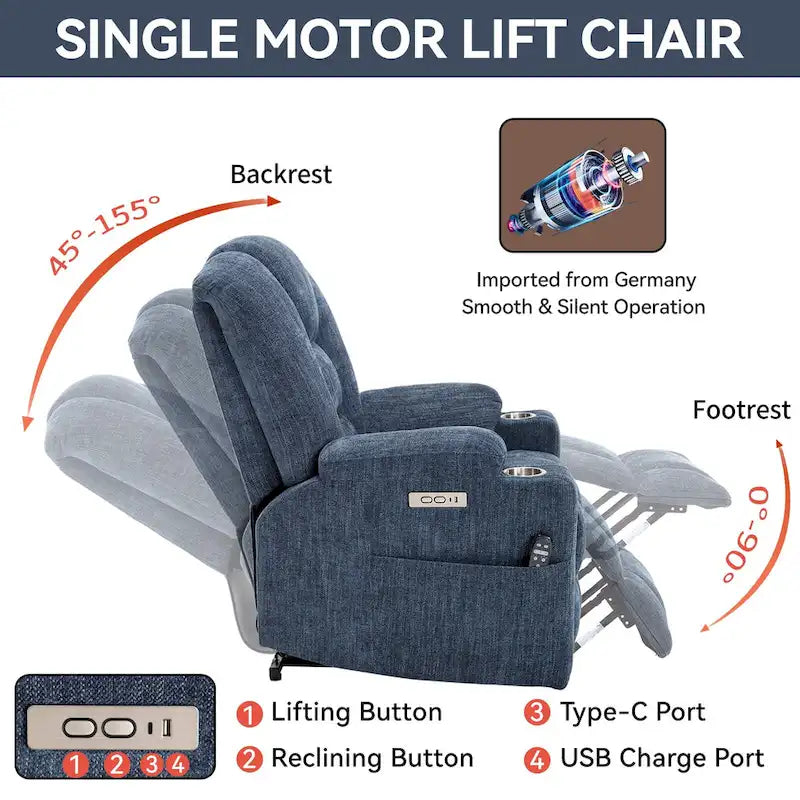 Fauteuil inclinable Power Lift avec massage et chauffage, fauteuil inclinable large surdimensionné avec ports USB, Type C et 2 porte-gobelets en acier