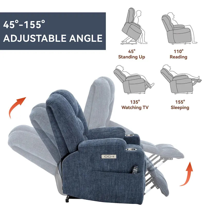 Fauteuil inclinable Power Lift avec massage et chauffage, fauteuil inclinable large surdimensionné avec ports USB, Type C et 2 porte-gobelets en acier