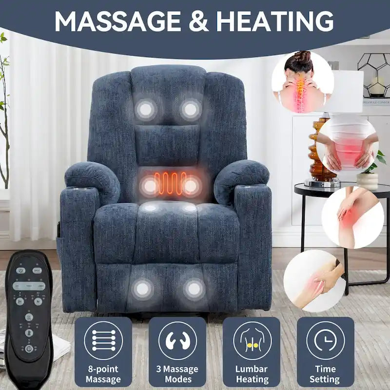 Fauteuil inclinable Power Lift avec massage et chauffage, fauteuil inclinable large surdimensionné avec ports USB, Type C et 2 porte-gobelets en acier