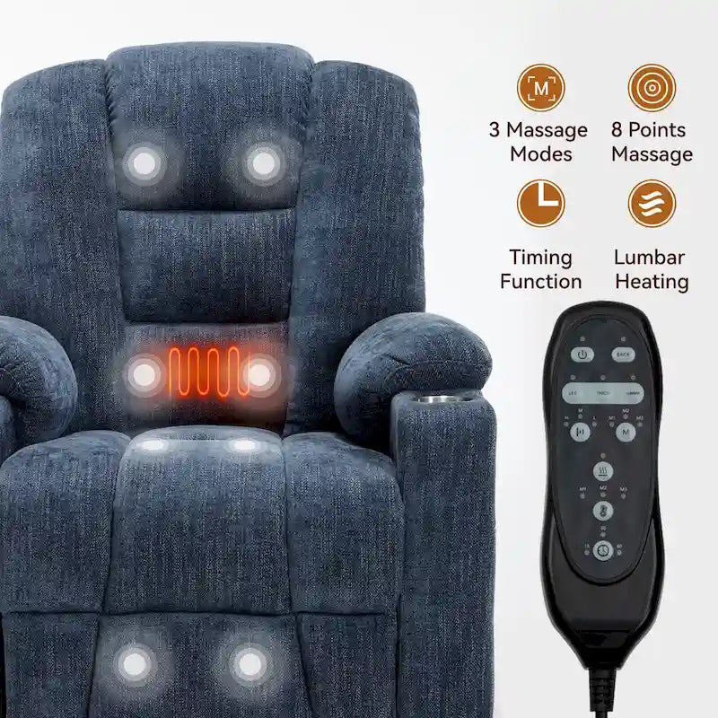 Fauteuil inclinable Power Lift avec massage et chauffage, fauteuil inclinable large surdimensionné avec ports USB, Type C et 2 porte-gobelets en acier