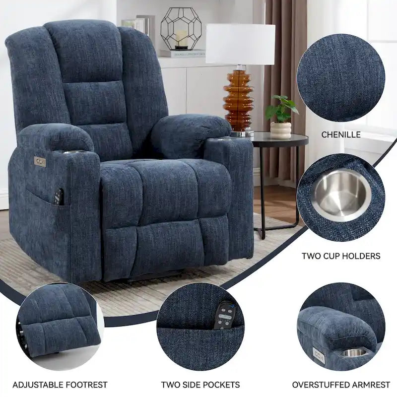 Fauteuil inclinable Power Lift avec massage et chauffage, fauteuil inclinable large surdimensionné avec ports USB, Type C et 2 porte-gobelets en acier