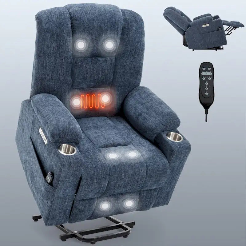 Fauteuil inclinable Power Lift avec massage et chauffage, fauteuil inclinable large surdimensionné avec ports USB, Type C et 2 porte-gobelets en acier