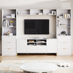 Meuble TV mural blanc de 112,5 po avec 13 étagères, 8 tiroirs et 2 armoires pour téléviseurs jusqu'à 70 po