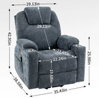 Fauteuil inclinable électrique bleu avec massage 8 points, soutien lombaire chauffant, deux ports USB et porte-gobelets en acier inoxydable