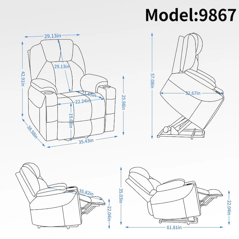 Fauteuil inclinable électrique bleu avec massage 8 points, soutien lombaire chauffant, deux ports USB et porte-gobelets en acier inoxydable