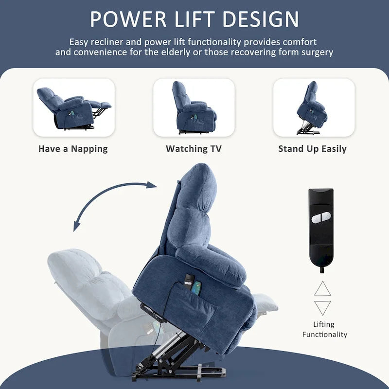 Fauteuil inclinable électrique bleu avec chauffage, massage, options d'inclinaison infinies, ports USB et poches latérales