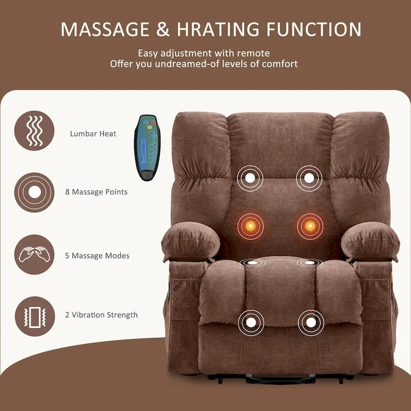 Fauteuil inclinable électrique bleu avec chauffage, massage, options d'inclinaison infinies, ports USB et poches latérales