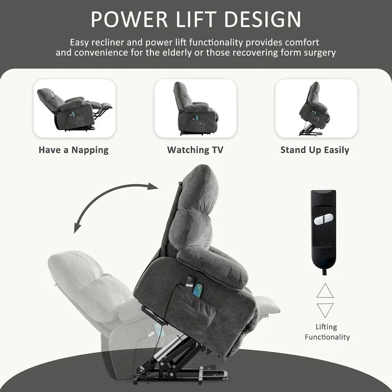 Fauteuil inclinable électrique bleu avec chauffage, massage, options d'inclinaison infinies, ports USB et poches latérales