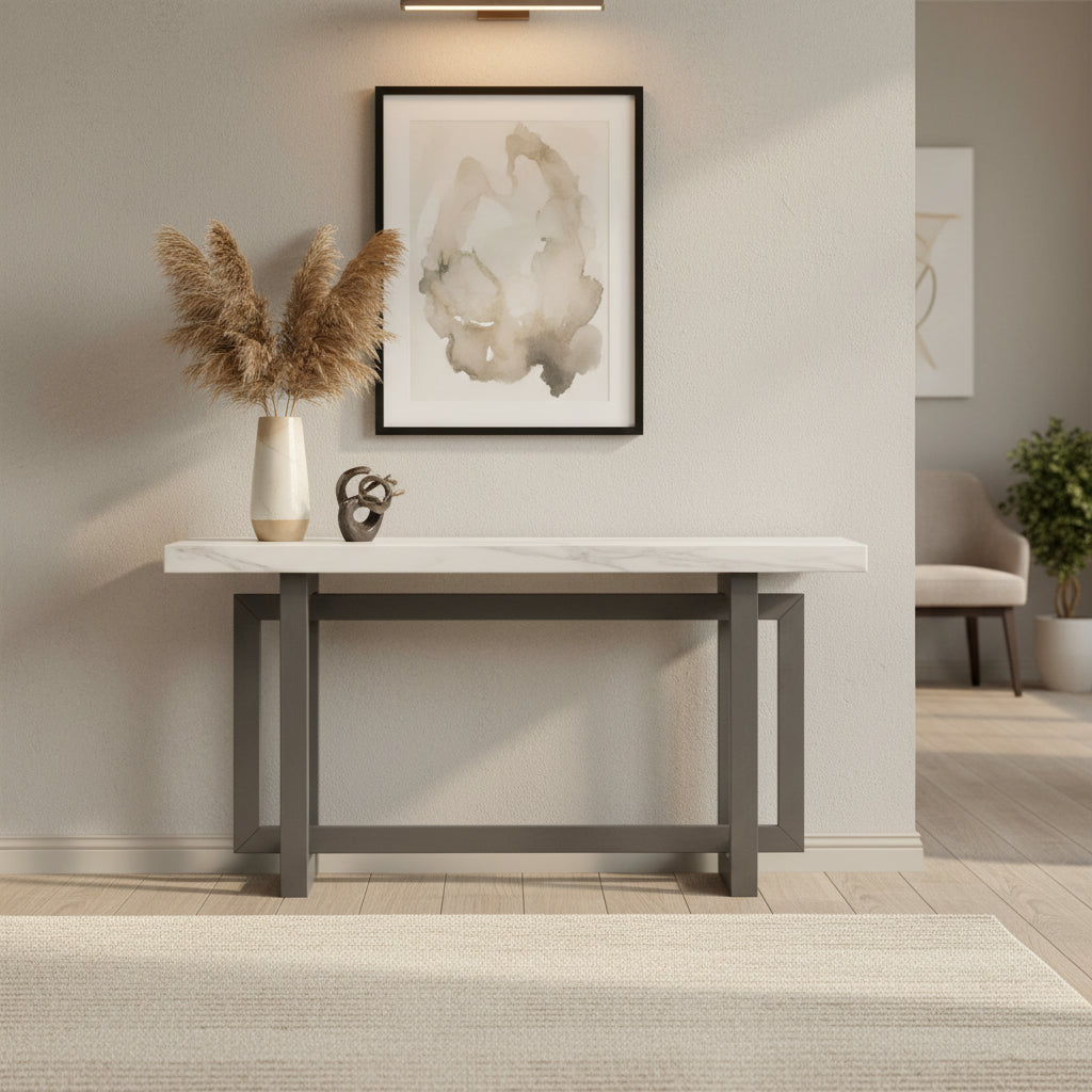 59.1 Table console moderne en bois massif avec piétement au design unique pour entrée ou salon