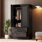 Armoire penderie avec 2 portes à persiennes, tringles à vêtements et 2 tiroirs
