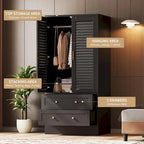 Armoire penderie avec 2 portes à persiennes, tringles à vêtements et 2 tiroirs