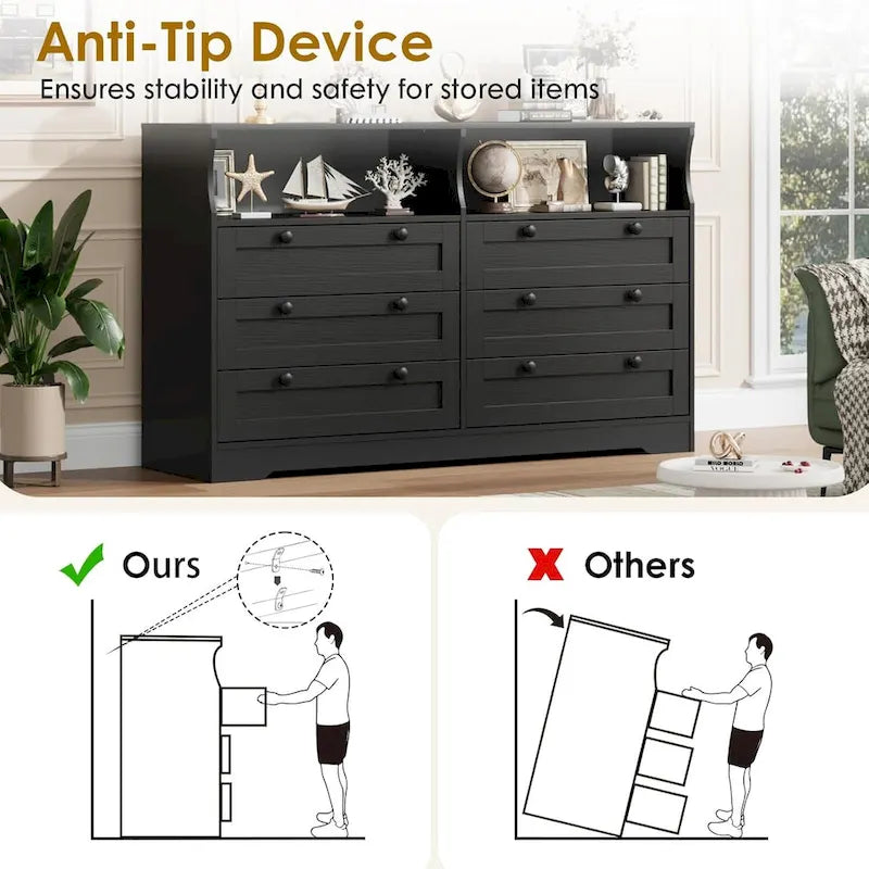 55 Wide Dresser, Wooden 6 Drawer Dresser with Led Light, Wood Dresser with Large Capacity Storage