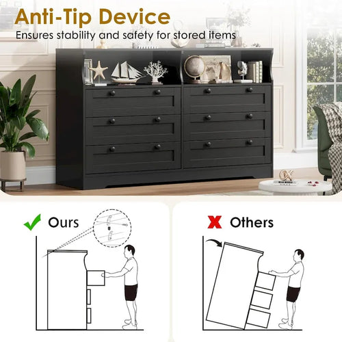 55 Wide Dresser, Wooden 6 Drawer Dresser with Led Light, Wood Dresser with Large Capacity Storage