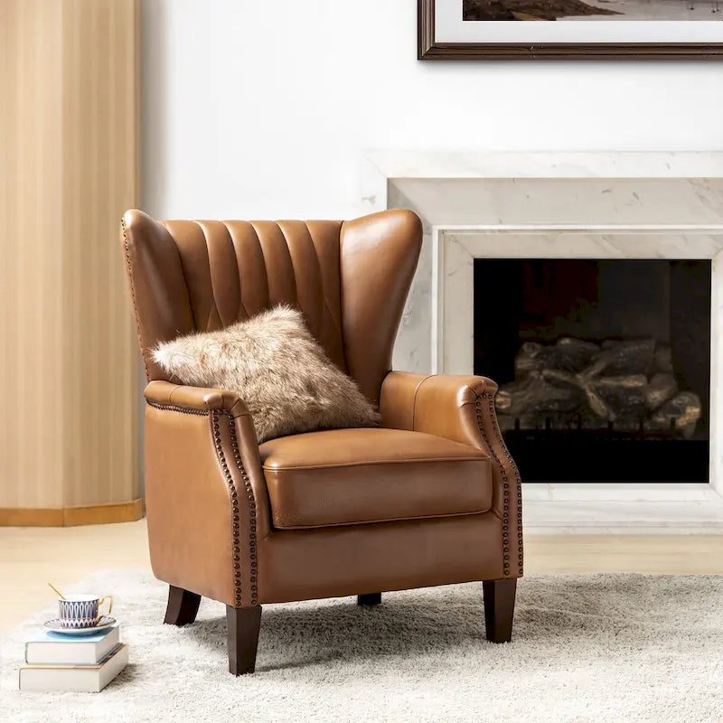 Fauteuil en cuir véritable avec pieds en bois massif
