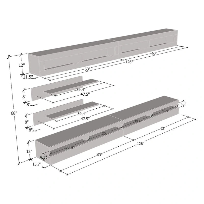 Meuble TV mural flottant moderne, ensemble de 35 pouces