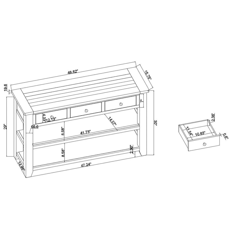 Console en bois de pin massif 48 po avec 3 tiroirs de rangement