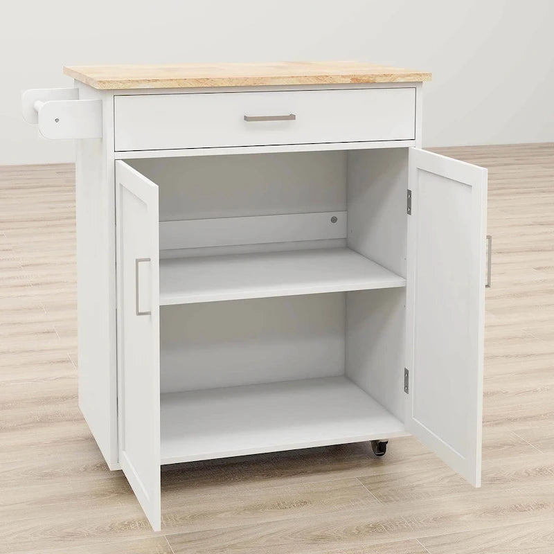 Desserte de cuisine mobile avec tiroir, placard et plateau en bois d'hévéa
