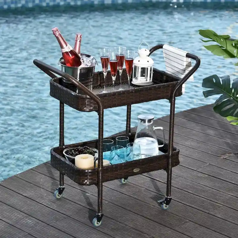 Outsunny Rattan Food and Serving Cart with 4 Wheels and 2-Tiers of Surface Area, Great for Parties, Kitchen, or Utility