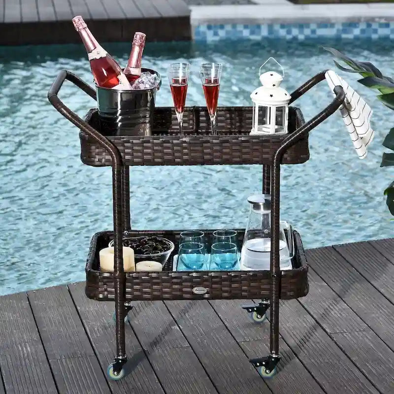 Chariot de service en rotin à 4 roulettes et 2 niveaux pour les fêtes, la cuisine ou à usage général