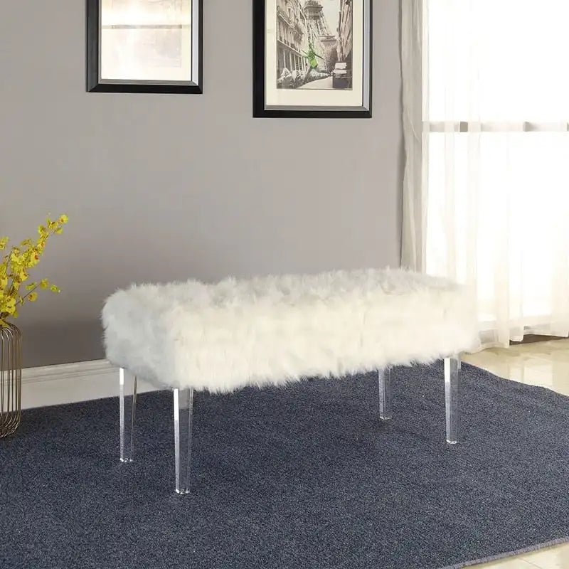 Banc de rangement en fausse fourrure clouté de 20 po avec pieds en acrylique