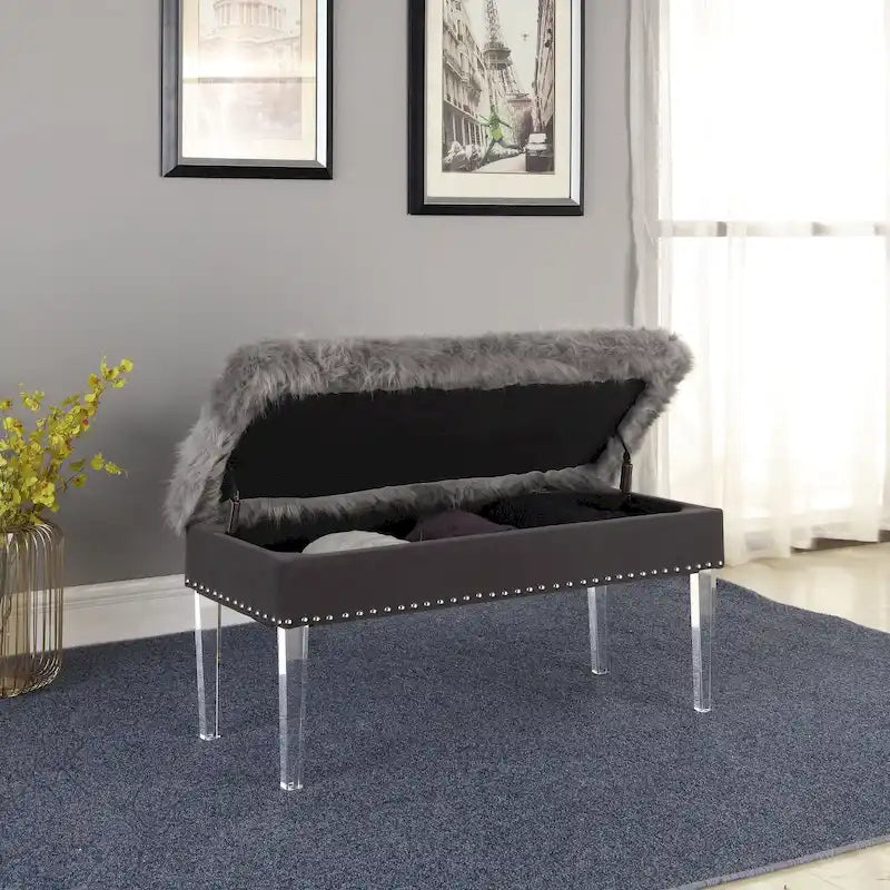 Banc de rangement en fausse fourrure clouté de 20 po avec pieds en acrylique