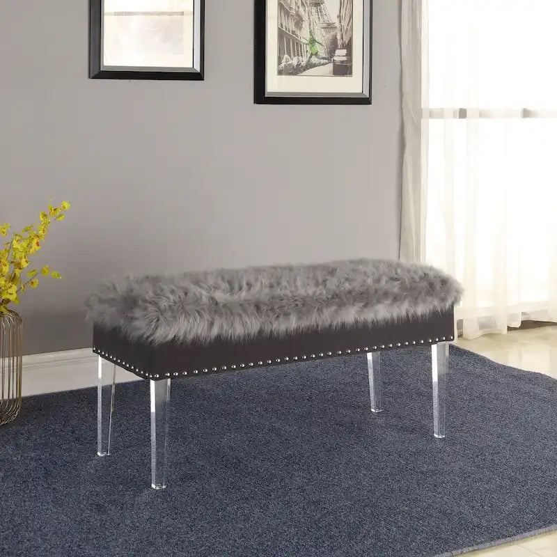 Banc de rangement en fausse fourrure clouté de 20 po avec pieds en acrylique