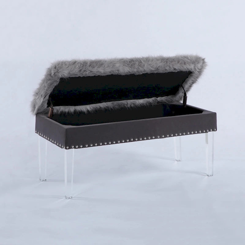 Banc de rangement en fausse fourrure clouté de 20 po avec pieds en acrylique