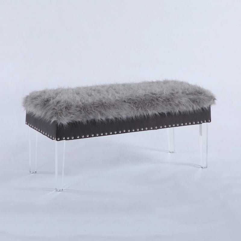 Banc de rangement en fausse fourrure clouté de 20 po avec pieds en acrylique