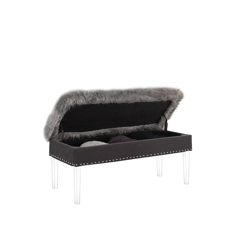 Banc de rangement en fausse fourrure clouté de 20 po avec pieds en acrylique