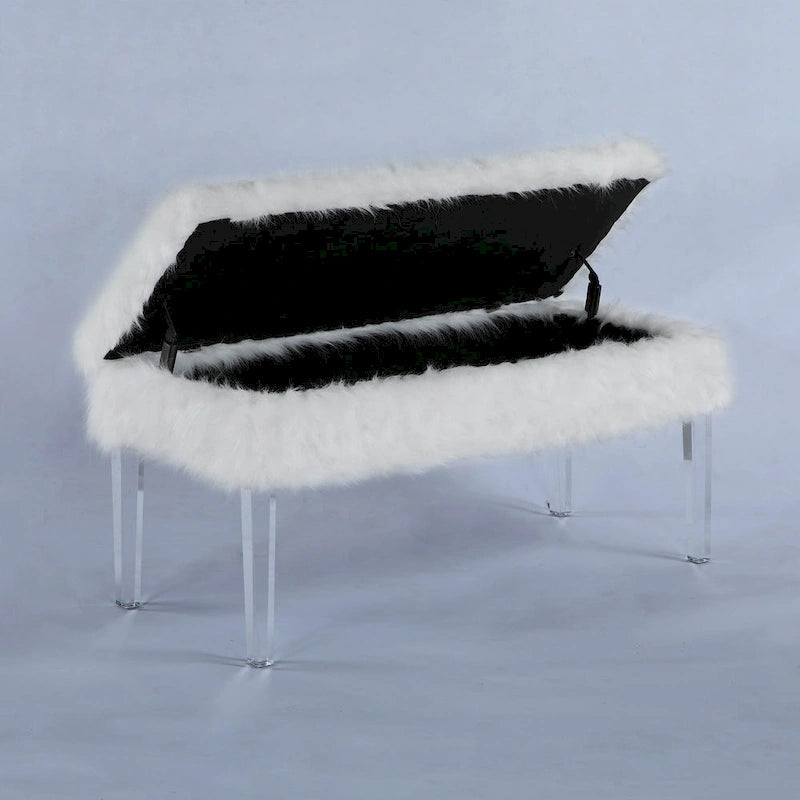 Banc de rangement en fausse fourrure clouté de 20 po avec pieds en acrylique