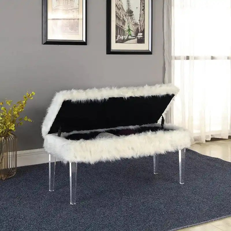Banc de rangement en fausse fourrure clouté de 20 po avec pieds en acrylique