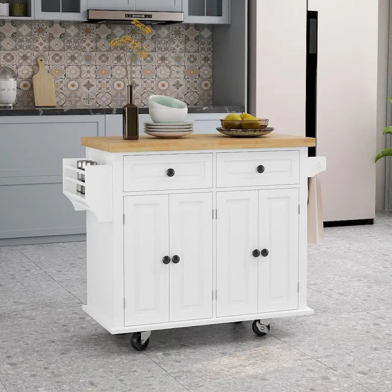 Desserte îlot de cuisine avec deux placards de rangement et deux roulettes verrouillables