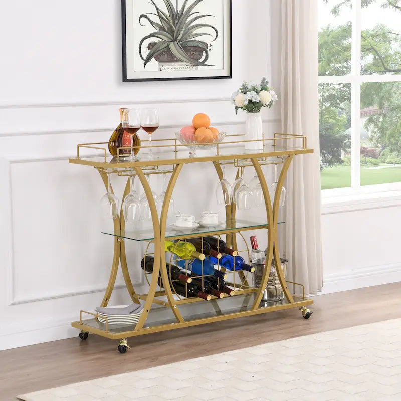 Chariot de bar avec casier à vin, verre trempé et cadre métallique