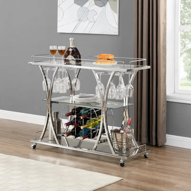 Chariot de bar avec casier à vin, verre trempé et cadre métallique
