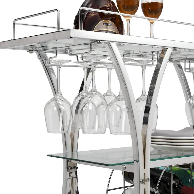 Chariot de bar avec casier à vin, verre trempé et cadre métallique