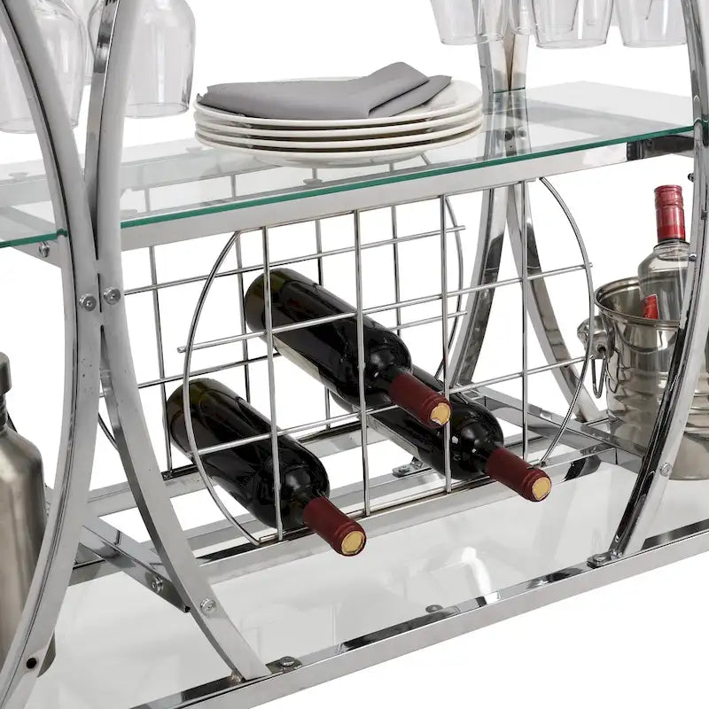 Chariot de bar avec casier à vin, verre trempé et cadre métallique