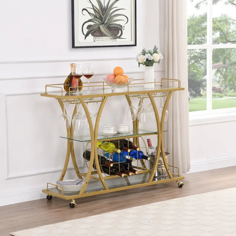 Chariot de bar avec casier à vin, verre trempé et cadre métallique
