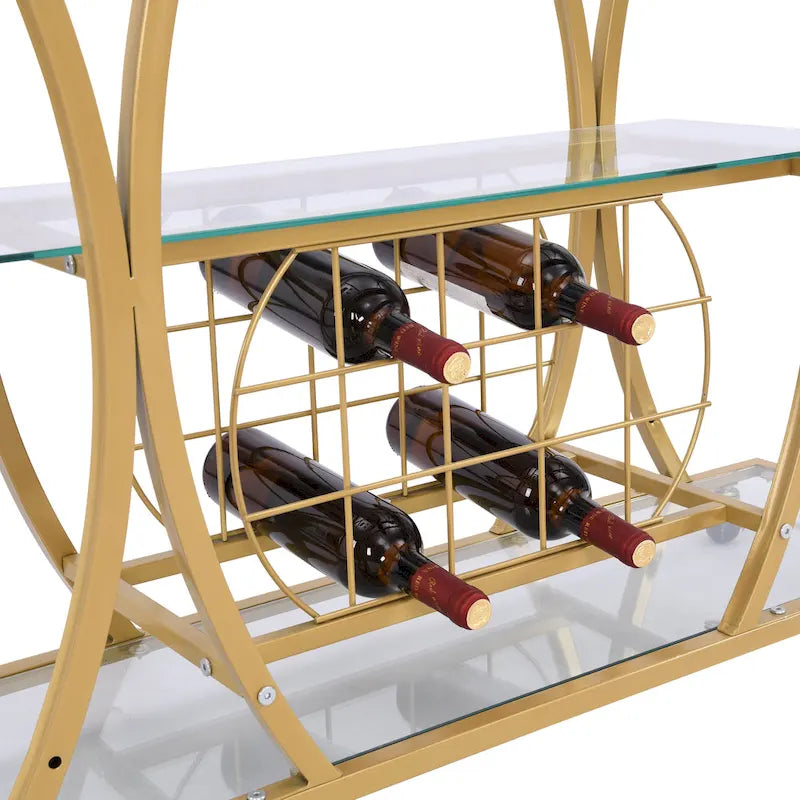 Chariot de bar avec casier à vin, verre trempé et cadre métallique