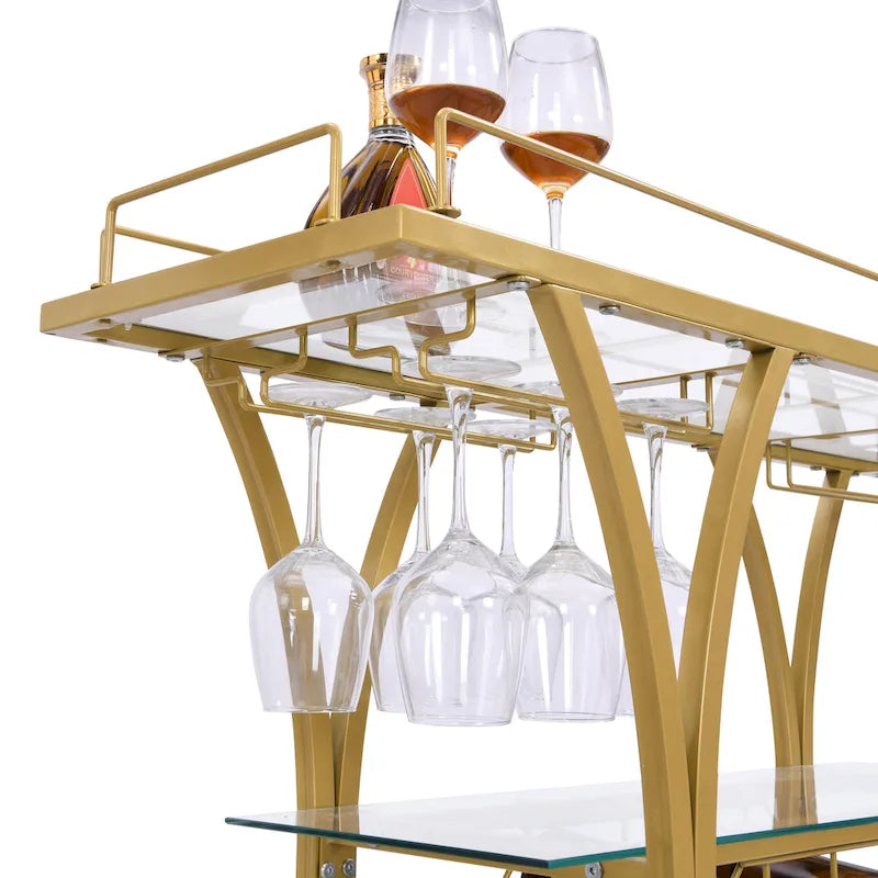 Chariot de bar avec casier à vin, verre trempé et cadre métallique