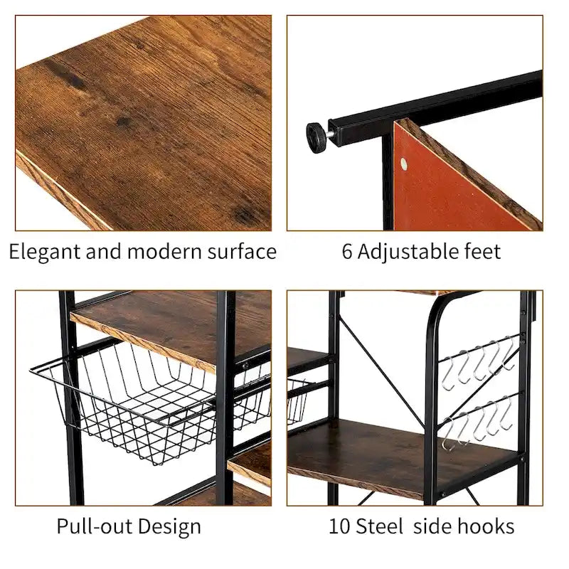 Étagère de Cuisine 35,5 po pour Boulanger, Meuble de Rangement pour Micro-ondes à 4 Niveaux avec 10 Crochets