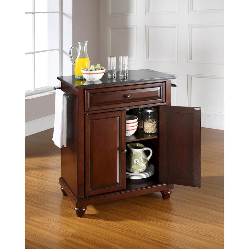 Îlot de cuisine portable avec dessus en granit massif et finition acajou vintage – 31 po L x 18 po P x 35 po H