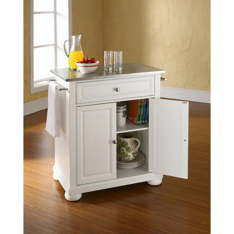 Îlot de cuisine portable en bois blanc avec dessus en acier inoxydable - 31 po l. x 18 po p. x 33,5 po h.