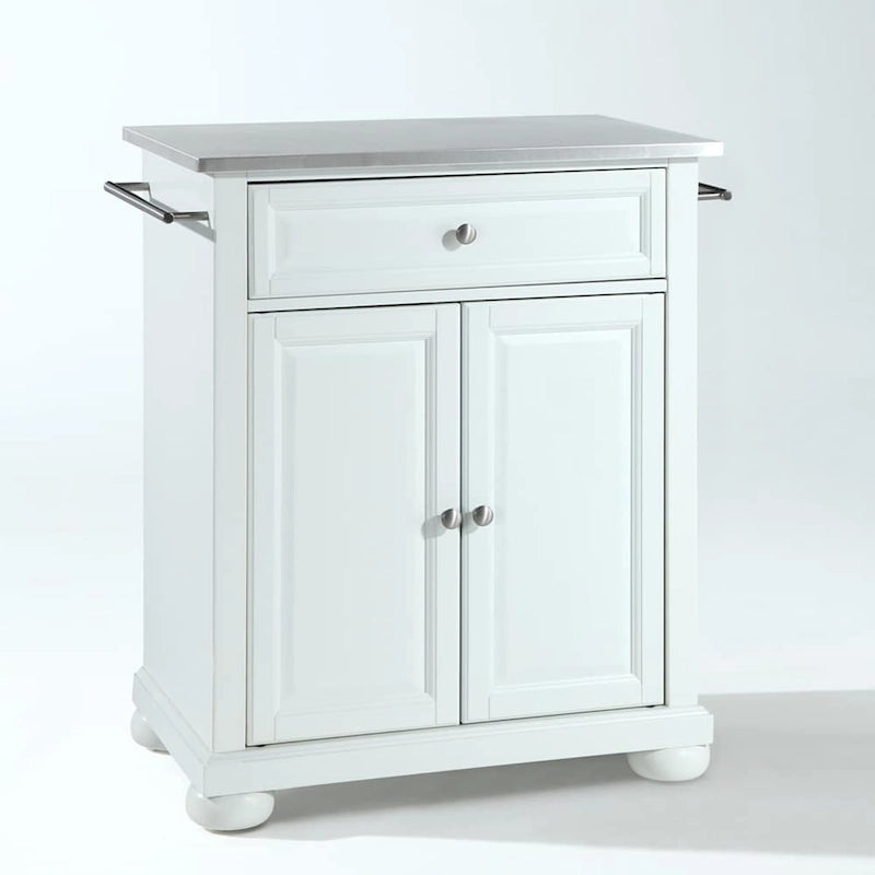 Îlot de cuisine portable en bois blanc avec dessus en acier inoxydable - 31 po l. x 18 po p. x 33,5 po h.