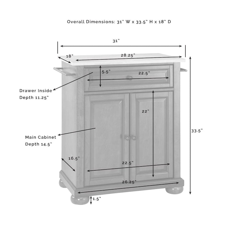 Îlot de cuisine portable en bois blanc avec dessus en acier inoxydable - 31 po l. x 18 po p. x 33,5 po h.