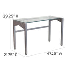 Bureau contemporain en verre trempé transparent avec pieds géométriques et cadre argenté