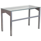 Bureau contemporain en verre trempé transparent avec pieds géométriques et cadre argenté