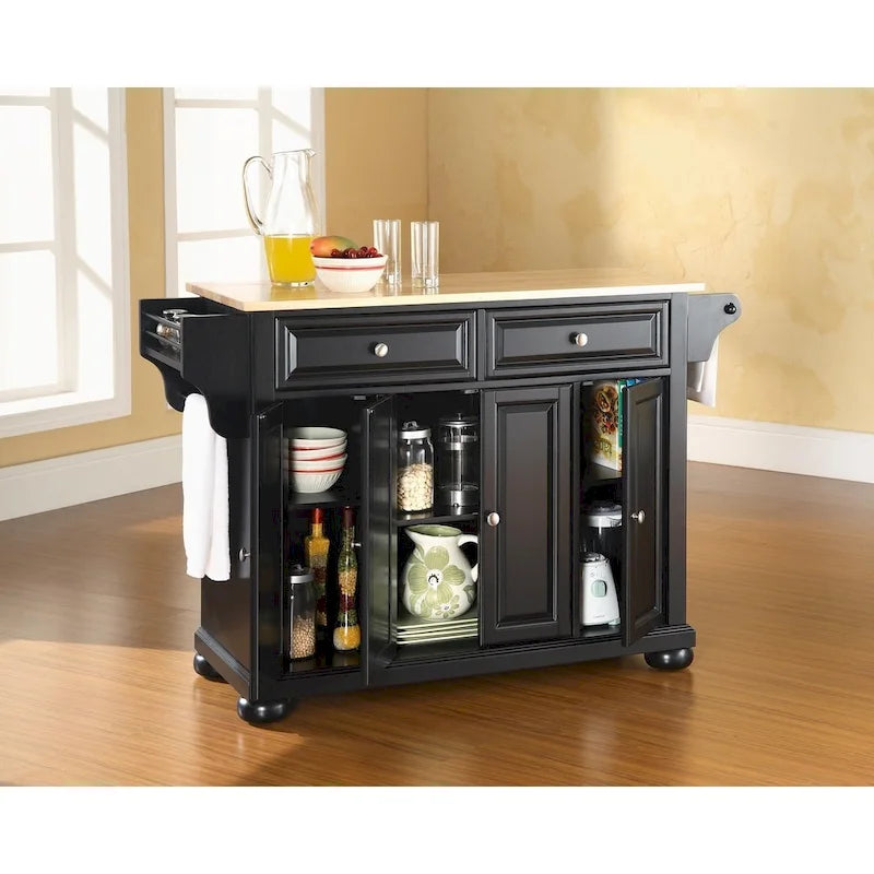 Crosley Alexandria Natural Wood Top Kitchen Island in Black Finish - 51.5 W x 18 D x 34 H