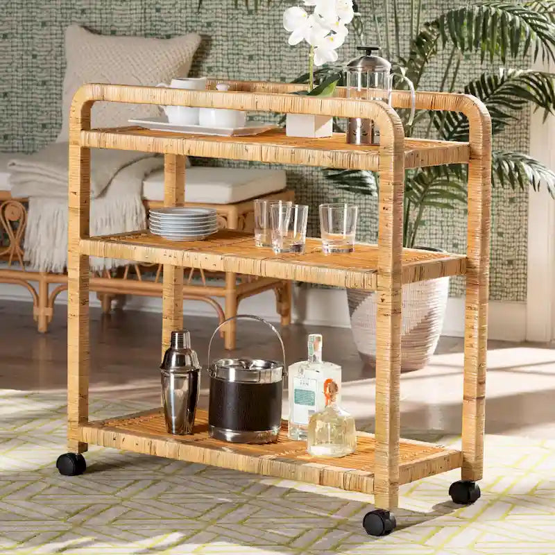 bali & pari Delphine Modern Bohemian Natural Rattan Kitchen Cart