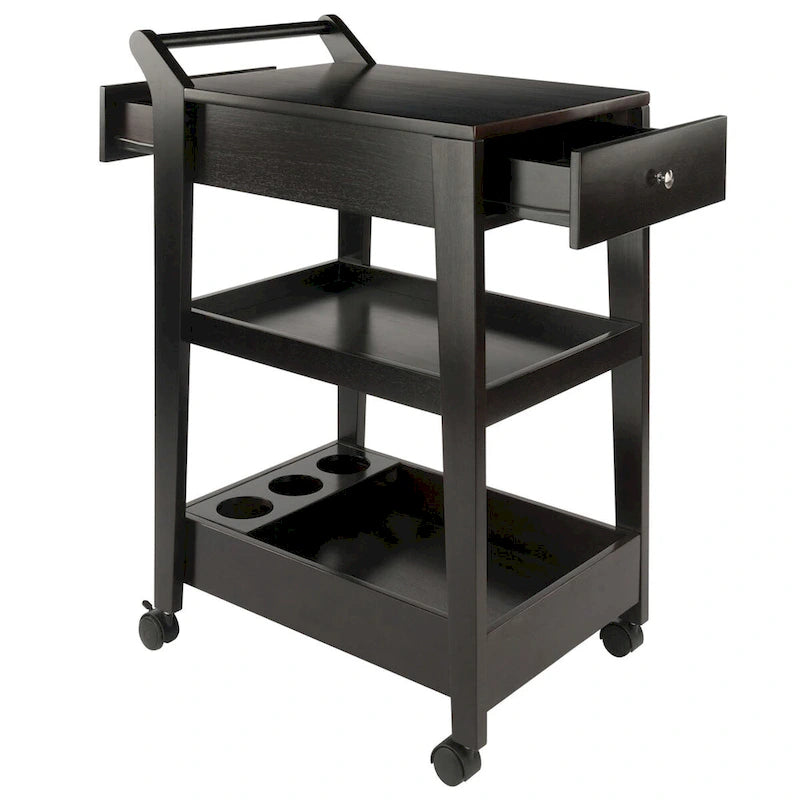 Chariot de bar de divertissement avec casier à vin et deux tiroirs au fini espresso – 18,03 x 26,77 x 37,24 po.